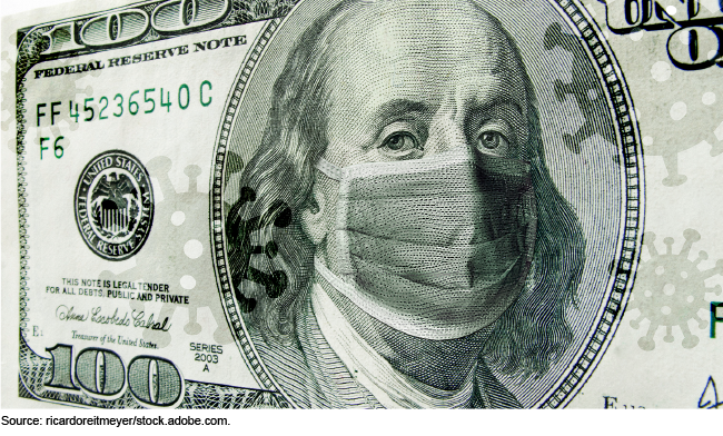image of a 100 dollar bill with Ben Franklin wearing a surgical mask