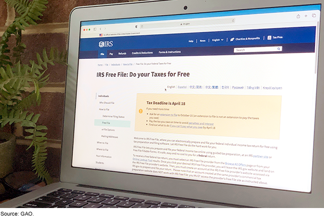 Laptop with the IRS Free File webpage displayed on its screen