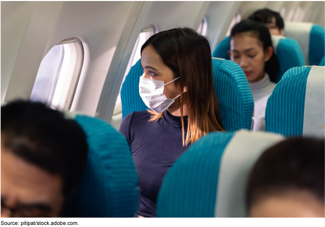 A woman wearing a mask on an airplane