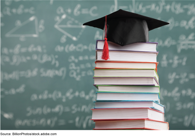 A graduation cap resting on a stack of books placed in front of a blackboard with various equations written on it. 