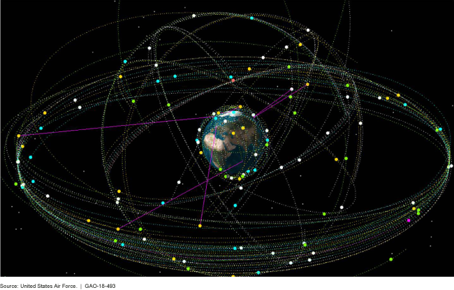 Graphic representing the man-made satellites that orbit the Earth.