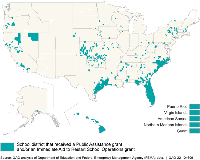 U.S. map of school districts that received federal recovery grants for major disasters