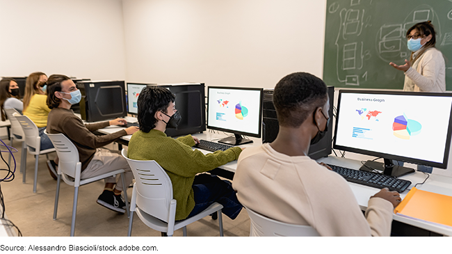 Students taking a course in a computer lab with an instructor up front