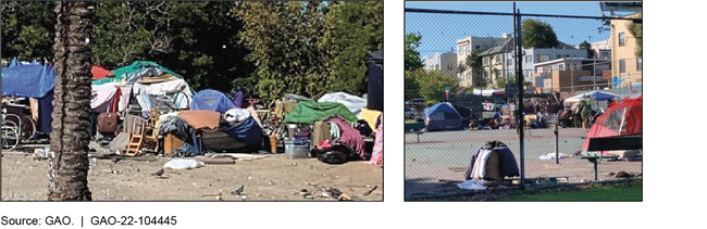 Examples of Homeless Encampments in Oakland, California, in 2021