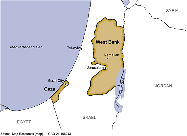 A map that depicts the West Bank, Gaza, and surrounding countries. 