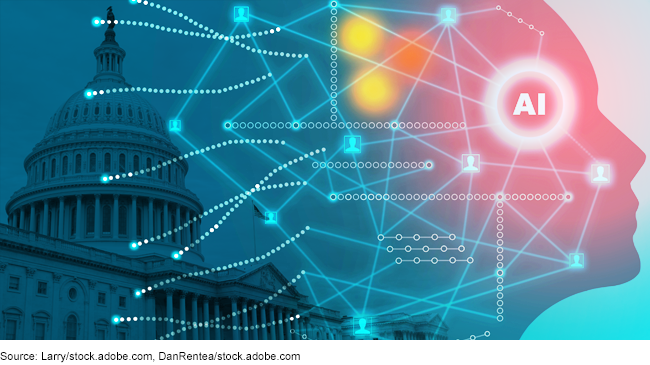 Photo of the U.S. Capitol with superimposed graphic showing artistic interpretation of AI