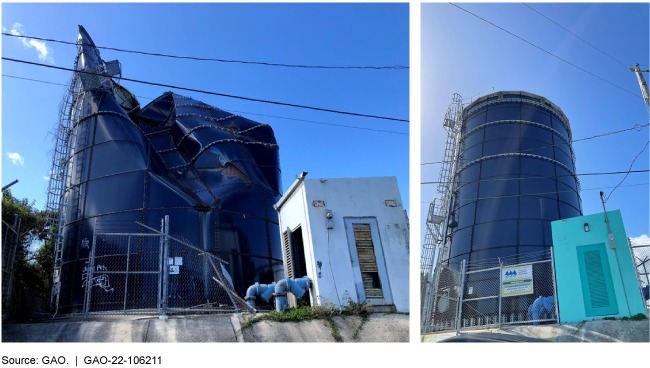 Two photos of a large, black water tank, which is smashed down in the first photo and standing tall in the second.
