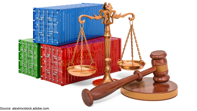 An image of shipping containers, the scales of justice, and a gavel. 
