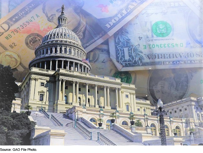 An image of the U.S. Capitol with American currency in place of the sky. 