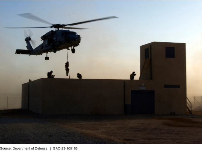 Five military personnel on top of a building, one of whom is hanging from rope beneath a helicopter.