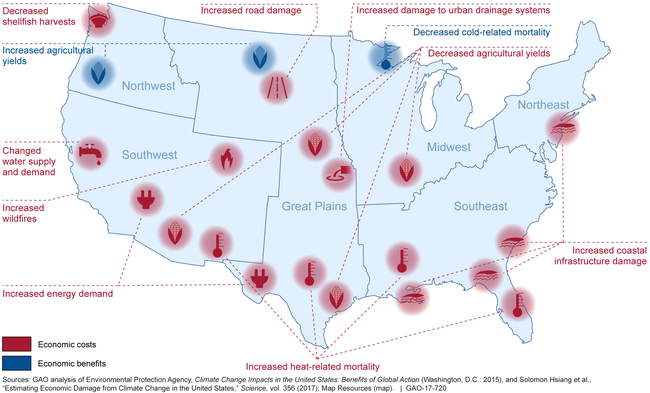Map of the United States showing potential effects of climate change.
