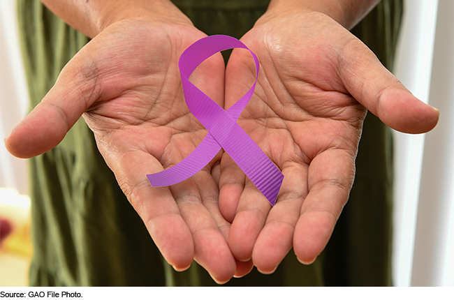 A purple ribbon resting on the palms of two hands.