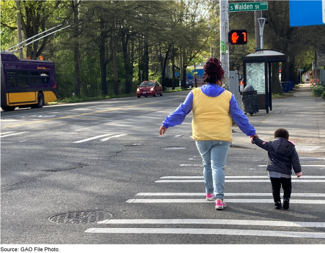 A woman holding a child's hand as they cross a street.