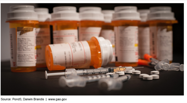 Prescription bottles, pills, and a syringe