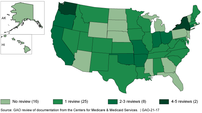 Map of the United States with a legend showing different shades of green to indicate the number of medicaid financial management reviews by states, ranging from 0 in light green to 4-5 in dark green.
