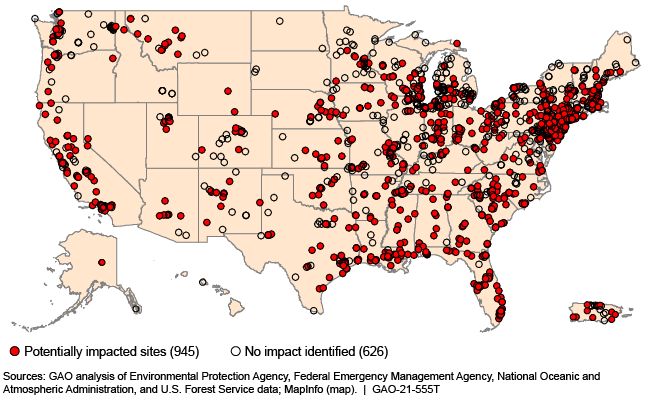 U.S. map showing potentially impacted sites in almost every state