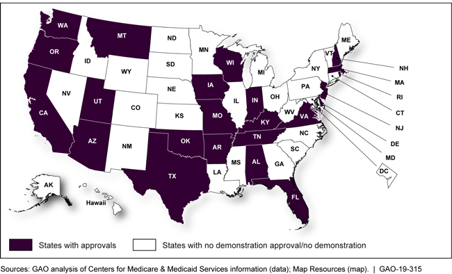 Map showing states that received demonstration approvals from January 2017 through May 2018