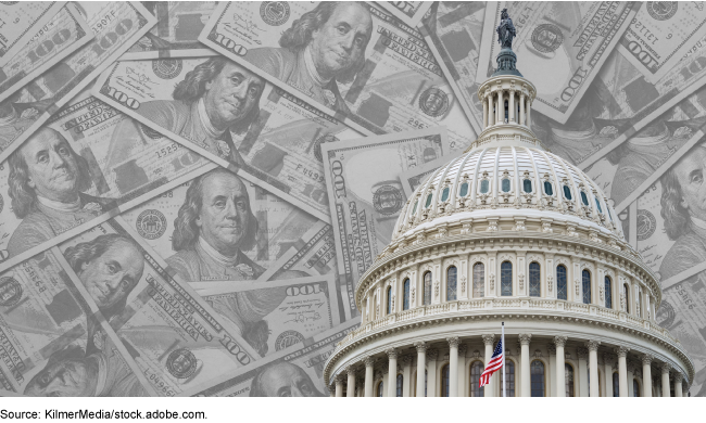 image of U.S. Capitol with backdrop of $100 bills