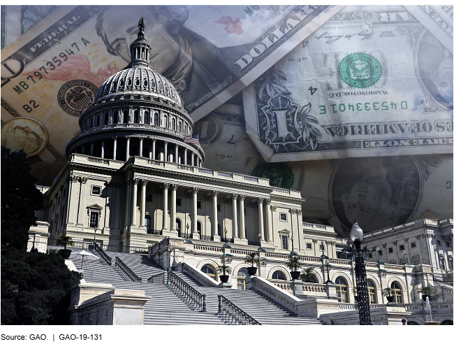 Graphic of the U.S. Capitol over a photo of paper money 