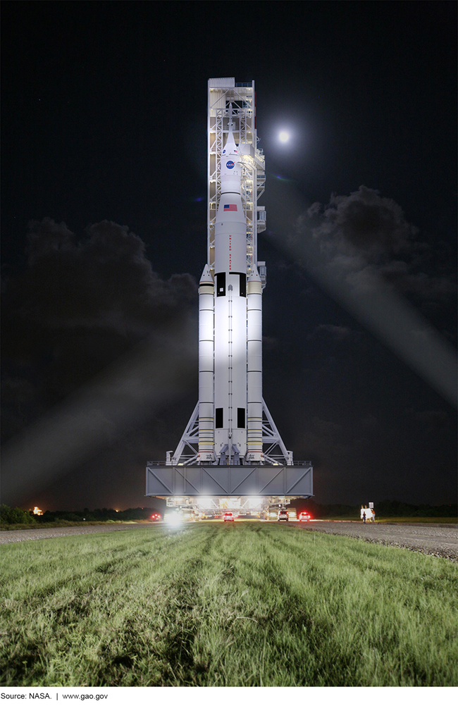 Artist depiction of the SLS vehicle and Orion capsule on the mobile launcher at night.