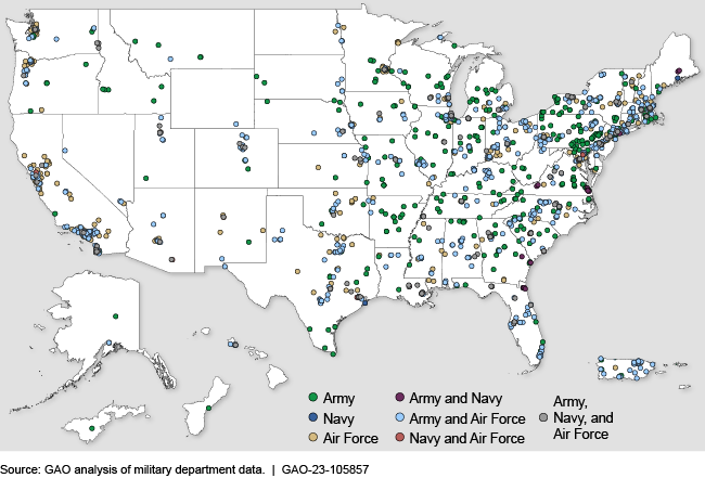U.S. map showing schools with ROTC units by military branch