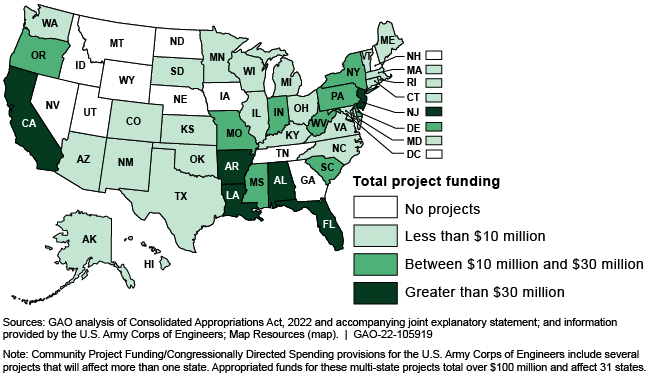 A map of the the U.S. showing where Army Corps of Engineers' FY 2022 project funding was allocated.