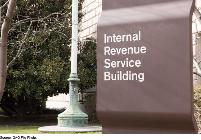 Photo of the Internal Revenue Service Building sign outside the IRS building in Washington, D.C.