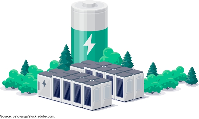 An illustration of a giant battery surrounded by trees and several smaller batteries.