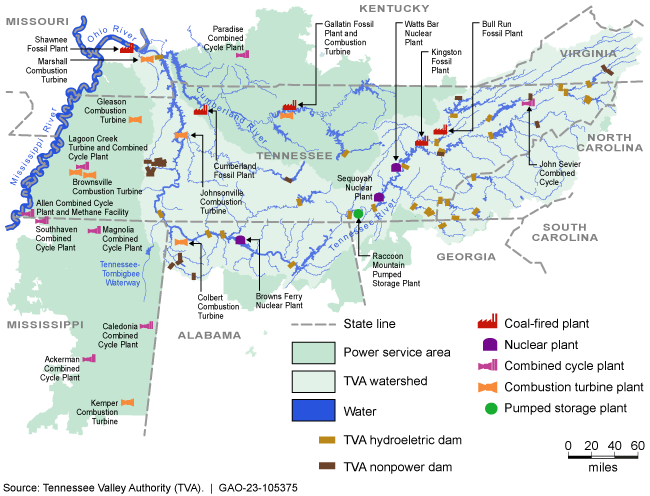 A map showing the Tennessee Valley Authority's service area and its infrastructure, rivers, and watersheds