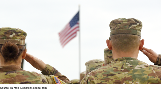 Military members saluting at an American flag