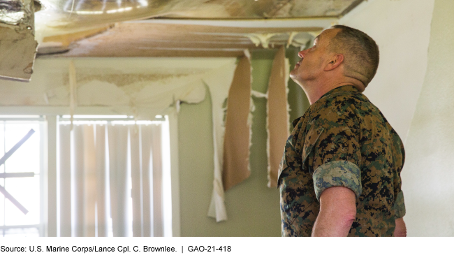 Service member wearing fatigues looks at damage to the inside of a building.
