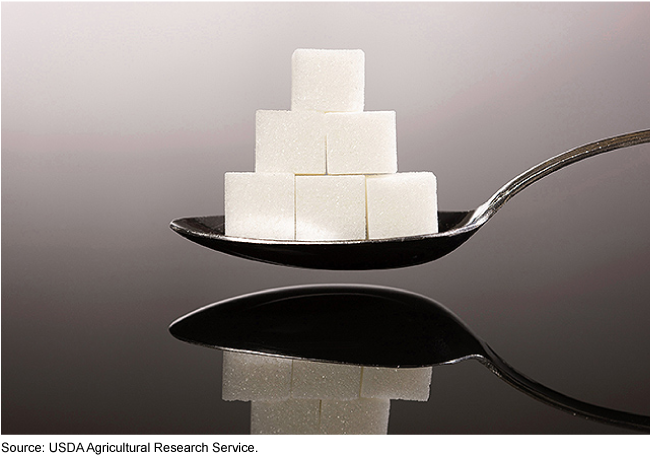 six sugar cubes arranged in a pyramid on a metal spoon with its mirror image reflected below it