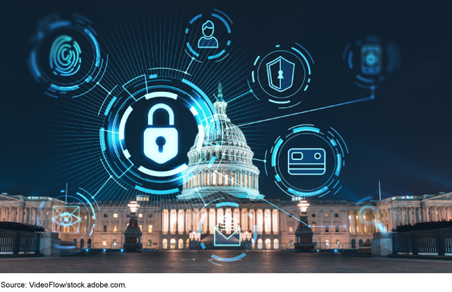 Capitol building at night with cybersecurity-related icons in view