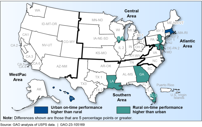U.S. Postal Service (USPS) Districts with Differences of 5 Percentage Points or More in On-Time Service Performance between Rural and Urban Areas for Periodicals, October 2020 through December 2021