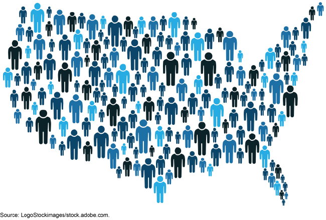 Illustrated people lined up in the shape of a U.S. map