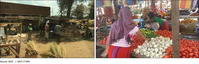 Two photos of markets with vendors and shoppers.