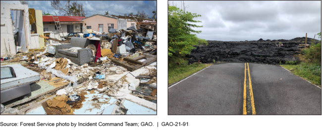 Damage from Typhoon Yutu in the Commonwealth of the Northern Mariana Islands (left) and the Kilauea Volcano Eruption in Hawaii (right)