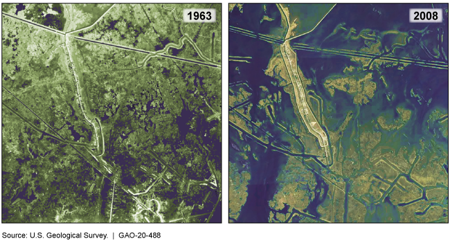 Side-by-side maps showing land loss in 2008