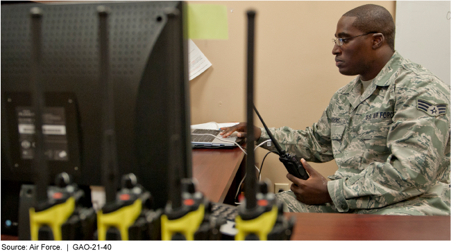 Photo of a uniformed member of the Air Force working with land mobile radios
