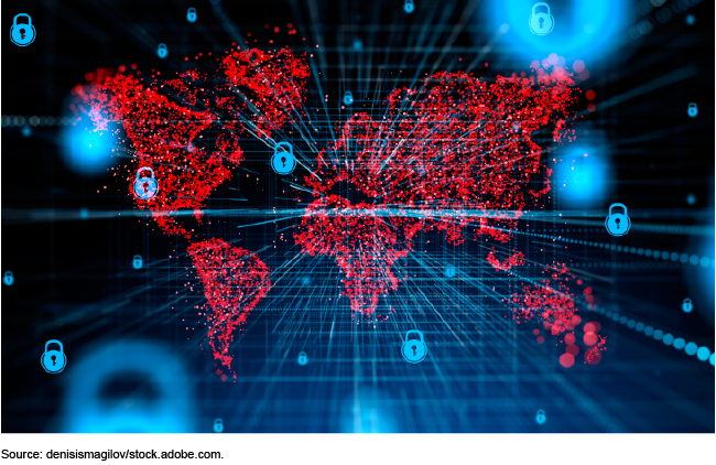 Illustration of cybersecurity network covering the world map with glowing locks. 
