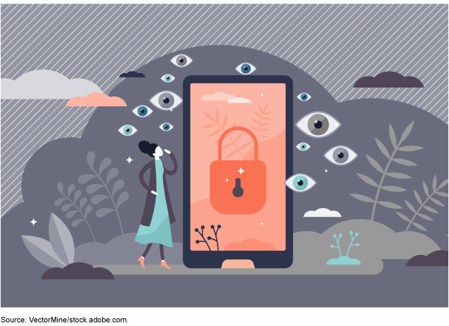 A graphic of a phone, which shows a colorful padlock on the screen, surrounded by illustrated eyes.