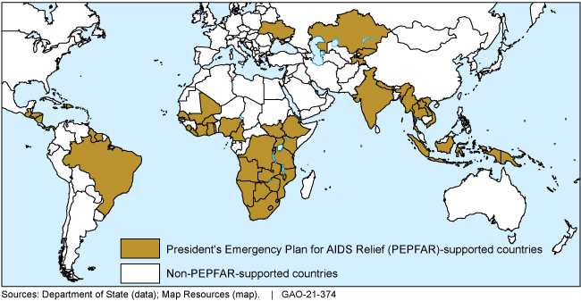 A world map highlighting the 54 PEPFAR-supported countries. 
