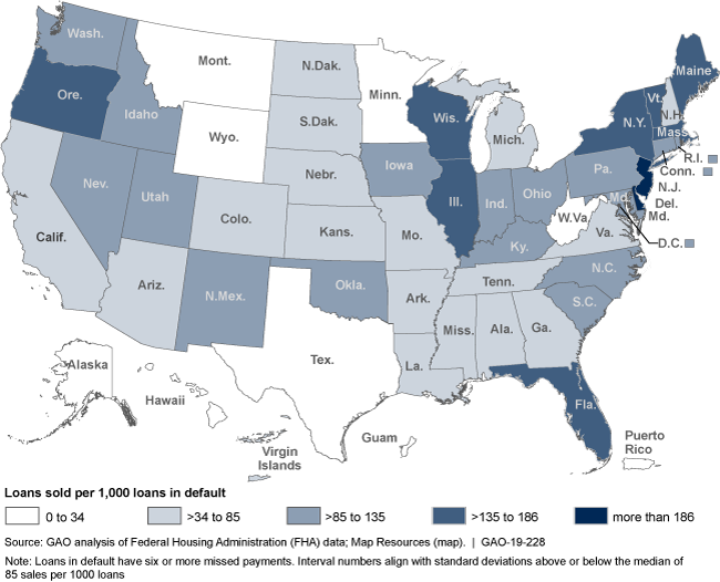 Map showing range of loans sold per 1,000 loans in default by state