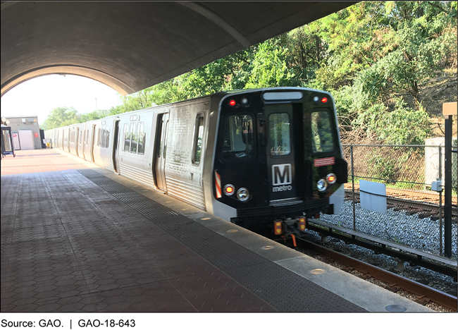 Photo showing a Washington Metropolitan Area Transit Authority train car departing a station.
