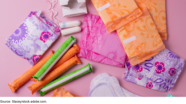 Various packaged menstrual products.