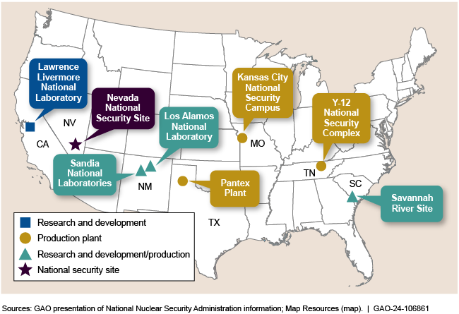 A map of the United States with various laboratories, production plants and testing sites included in the Nuclear Security Enterprise highlighted.