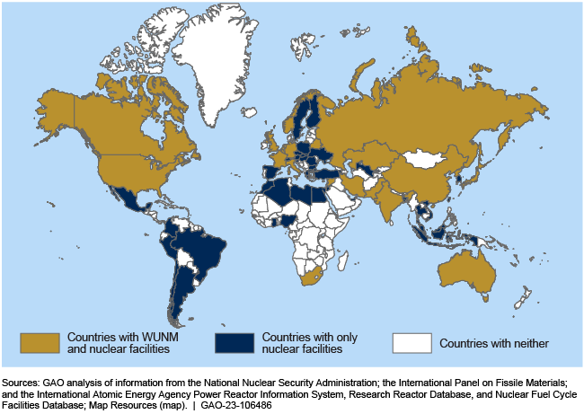 A world map showing countries that have both types of nuclear facilities, nuclear facilities only, or neither.
