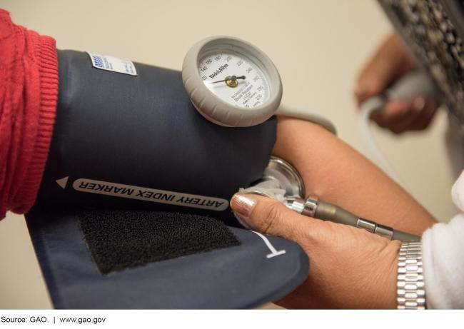 A photo of a patient getting their blood pressure checked.