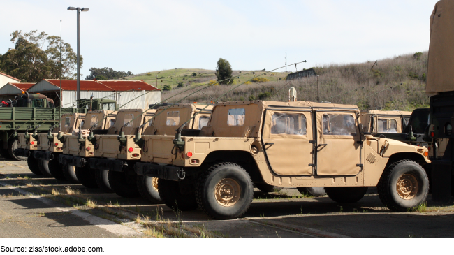 Tan military Humvees parked near rolling hills.