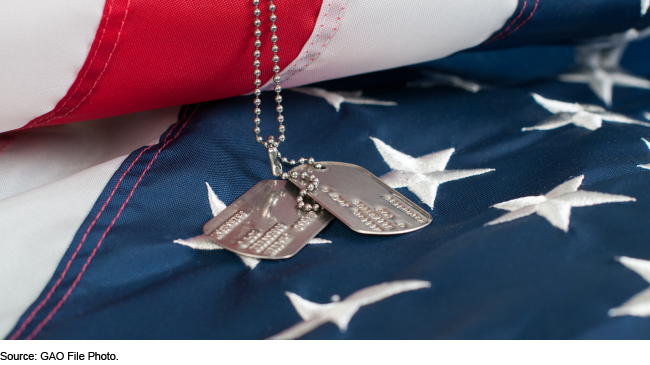 Photo showing military ID tags and a U.S. flag.
